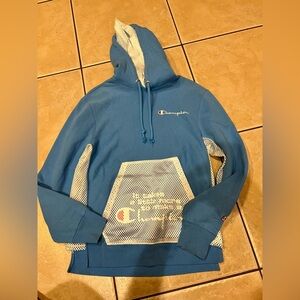 Champion Reverse Weave Blue Hoodie with White Mesh Net  Accents